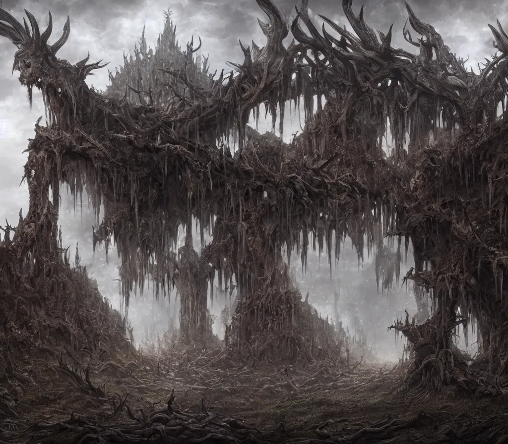 Prompt: a highly detailed matte painting of a nightmare landcape of antlers and thorns and horns and bare roots all made of stone and taking over ancient ruins, ominous, foreboding, evil, hd, concept art, artstation, deviantart
