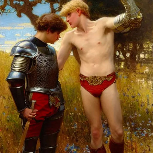 Image similar to attractive fully clothed arthur pendragon confesses his love for his attractive fully clothed male knight. highly detailed painting by gaston bussiere and j. c. leyendecker 8 k