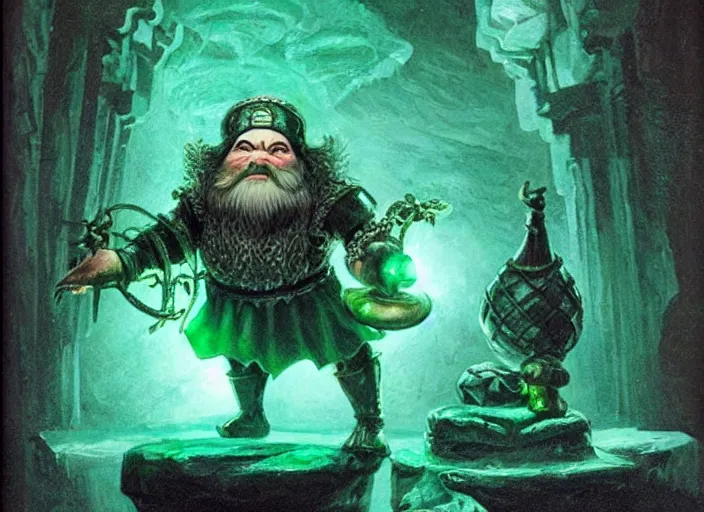 Image similar to a dwarven jeweler holding a gigantic glowing emerald. dramatic lighting. high fantasy art ( 1 9 8 7 )