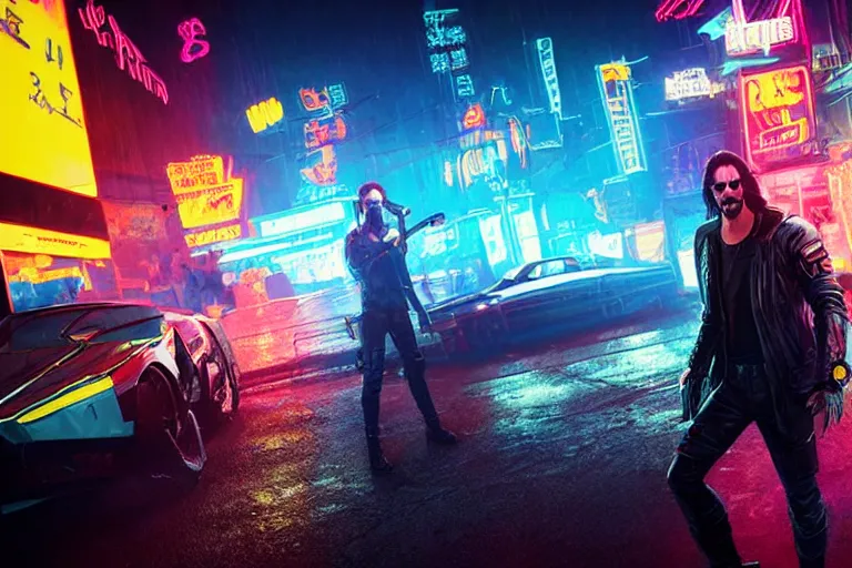 Prompt: Photo of Keanu Reeves on neon street in Cyberpunk 2077 Game, synthwave, artstation art, night, professional light