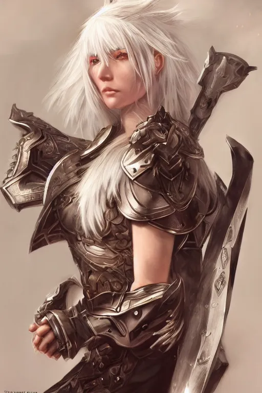 Image similar to A realistic anime portrait of a white haired female barbarian wearing an intricate armor, digital painting, by Stanley Artgerm Lau, Sakimichan, WLOP and Rossdraws, digtial painting, trending on ArtStation, SFW version