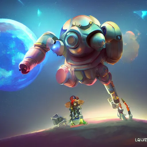 Image similar to 3D Fantasy Cute and adorable mecha piggy floating in space, bright stars, Smooth 3D Illustration, soft render, Servando Lupini, Daniil Kudriavtsev, handpaint texture, Blender, 3DCoat