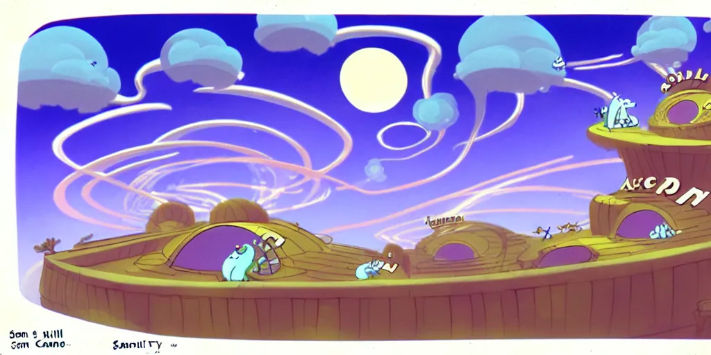 Prompt: night chubby cartoon concept art, spiral clouds, from sam and max