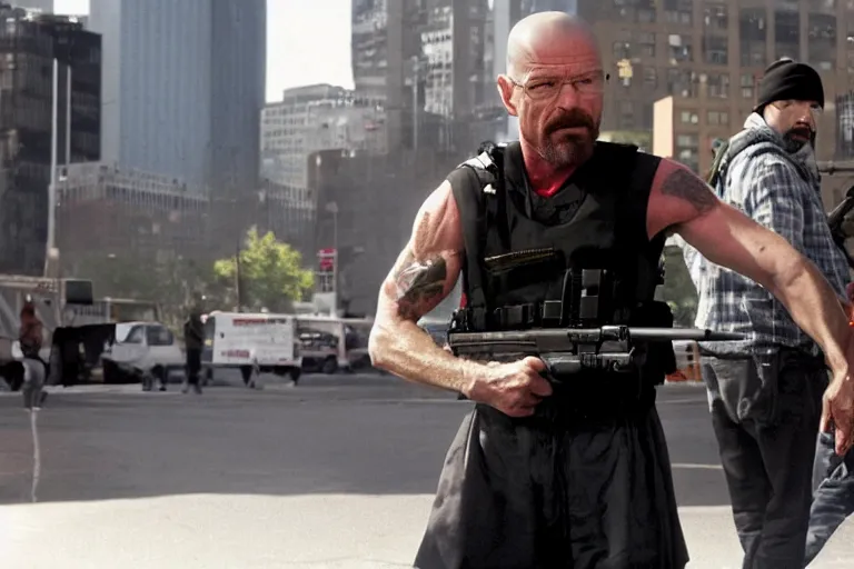 Image similar to medium full shot of walter white as a violent domestic terrorist wearing a black head covering made from a polyester material and a stained red tank top setting up a backpack at a main new york street in the new movie directed by ice cube, movie still frame, wearing a black bullet proof vest, promotional image, critically condemned, relentlessly detailed