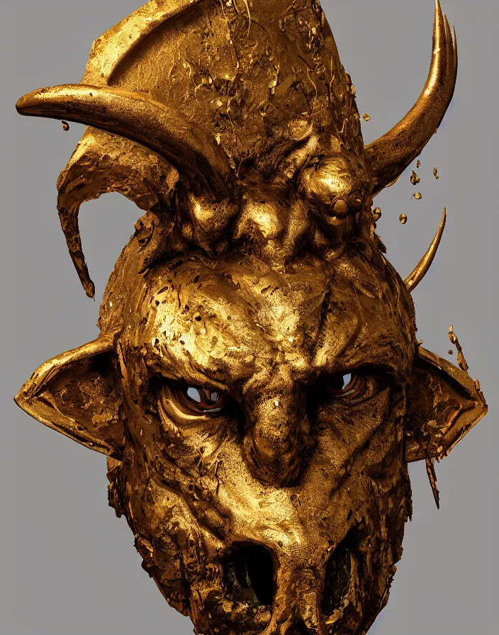 Image similar to Splatterpunk portrait of a golden minotaur mask in the style of greg rutkowski. halo. octane render, cinematic, hyper realism, octane render, 8k, depth of field, bokeh, fur, feathers, iridescent accents