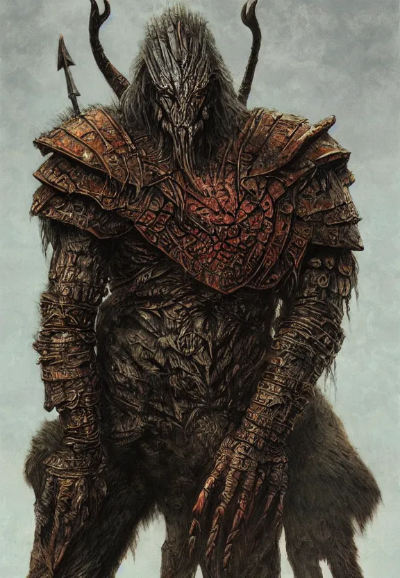 Image similar to beastman tribal warrior concept, wearing tribal armor, beksinski, wayne barlowe, adrian smith fantasy art, the hobbit art, lord of the ring art, the witcher concept art, trending on artstation, game of throne art