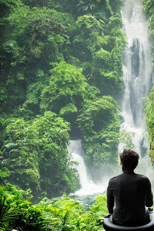 Image similar to movie closeup young man with a grey beard in a cyberpunk suit sitting on a futuristic chair at the edge of a jungle waterfall by emmanuel lubezki