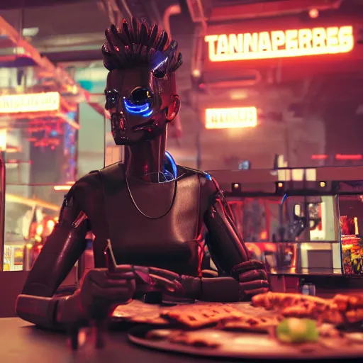 Prompt: A terminator with borg implants sitting in a cyberpunk cafe and eating skewer kebabs made of electronic components. Unreal 5 nanite, path tracing render, global illumination. Highly detailed 8k. Bloom, cinematic post-processing