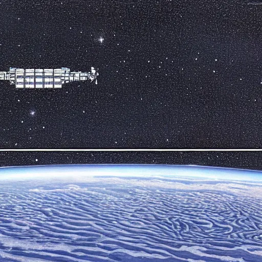 Prompt: distant view of abandoned beautiful space station floating in empty space, jean giraud, terran trade authority