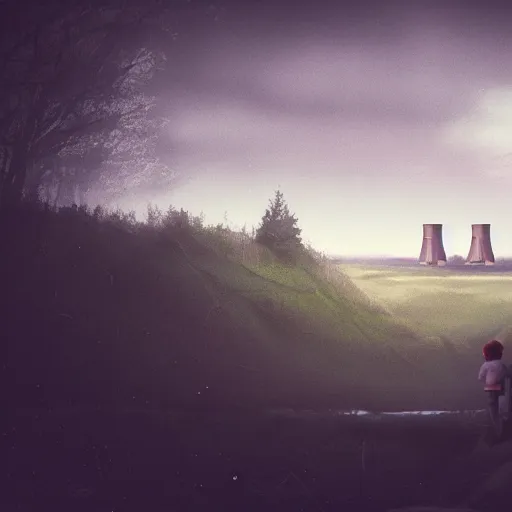 Image similar to photography of highly detailed landscape with two boys camping with nuclear plant in the background 1 9 8 0 s science fiction, moody, misty, depth perception, 4 k, artstation