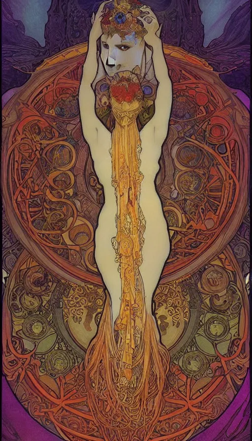 Image similar to psytrance artwork, by alfons maria mucha