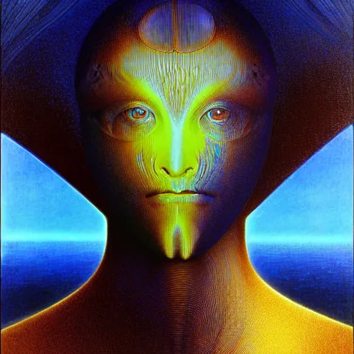 Image similar to realistic extremely detailed portrait painting of a glowing male silhouette, futuristic sci-fi landscape on background by Jean Delville, Amano, Yves Tanguy, Alphonse Mucha, Ernst Haeckel, Edward Robert Hughes, Roger Dean, rich moody colours, blue eyes