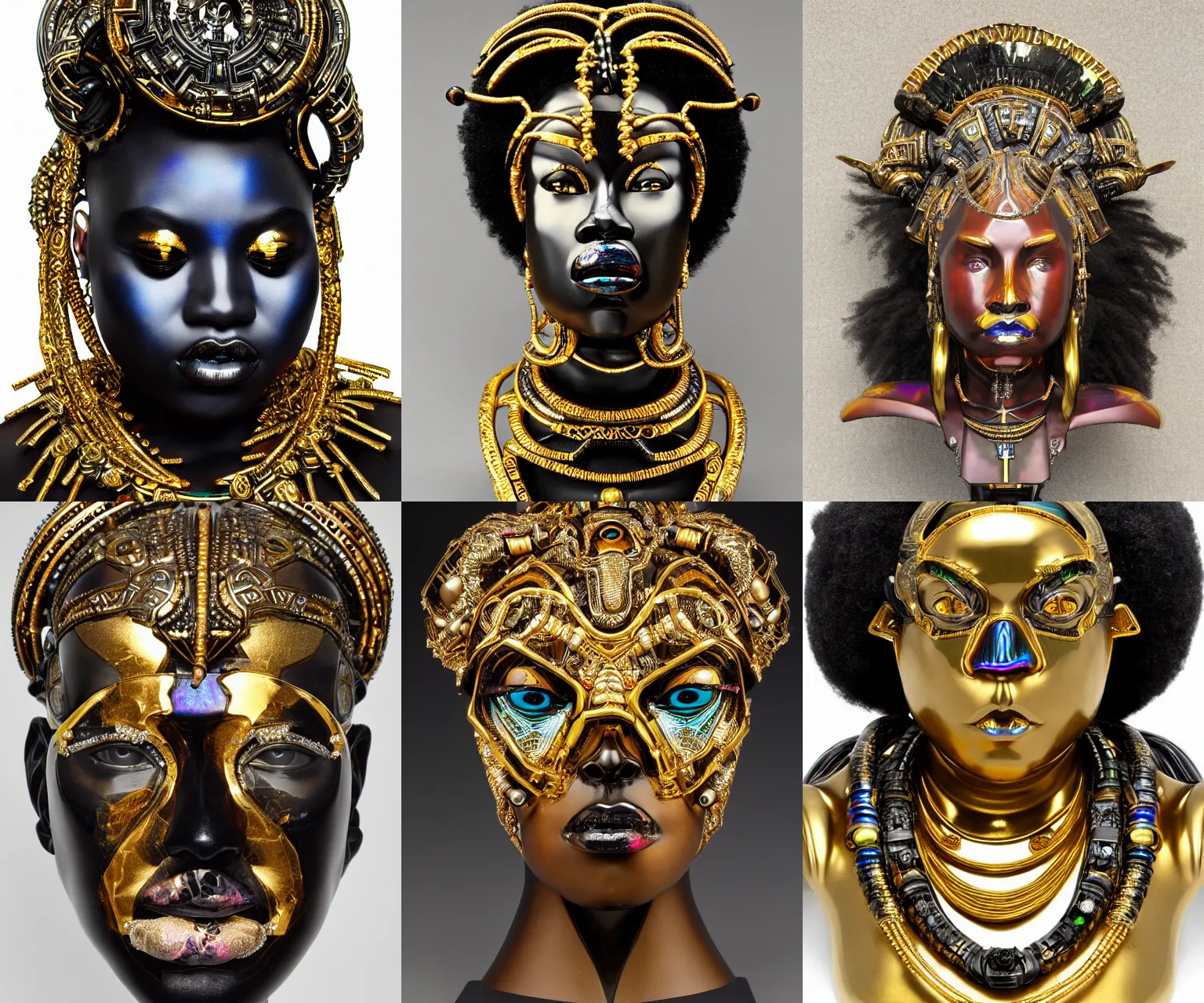 Prompt: iridescent onyx and gold bust of angry futuristic obese cyborg young himba galactic empress, organic cyborg, intricate, ornate, future baroque