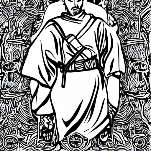 Image similar to a sticker illustration of a man in a grey cloak holding a katana