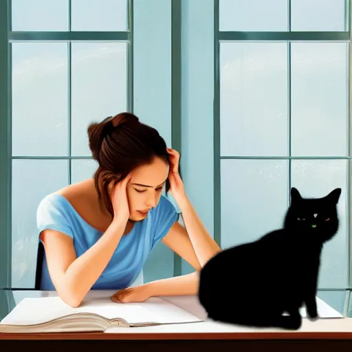 Image similar to peaceful dreamy painting of a young woman sitting at a desk with a black cat, sunshine coming through the window, 4k resolution, highly detailed