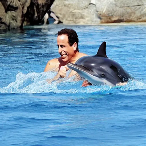 Prompt: jerry seinfeld swimming with a dolphin