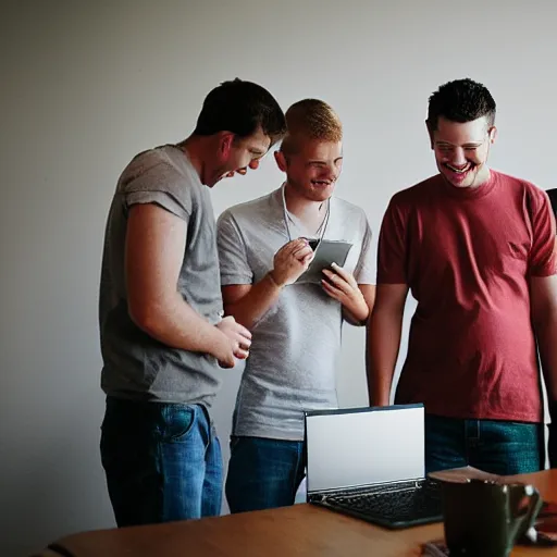 Image similar to several guys looking at a laptop screen laughing, colour photograph, 35mm