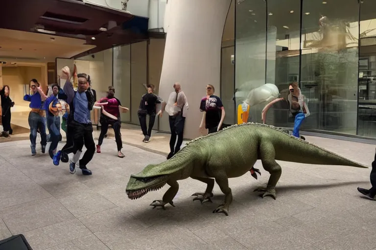 Image similar to a dinosaur checking into a hotel with a bunch of employees running in fear