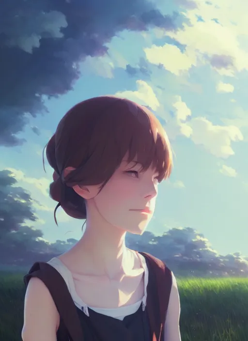 Prompt: portrait of emma stonel, cloudy sky background lush landscape illustration concept art anime key visual trending pixiv fanbox by wlop and greg rutkowski and makoto shinkai and studio ghibli