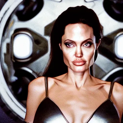 Prompt: promotional beautiful realistic portrait of <Angelina Jolie circa 1993> as <Topanga Lawrence the Space Priestess> in the new movie directed by <Tetsuya Nomura>, <heavily armored and brandishing sci-fi blaster>, <perfect face>, movie still frame, promotional image, imax 70 mm footage