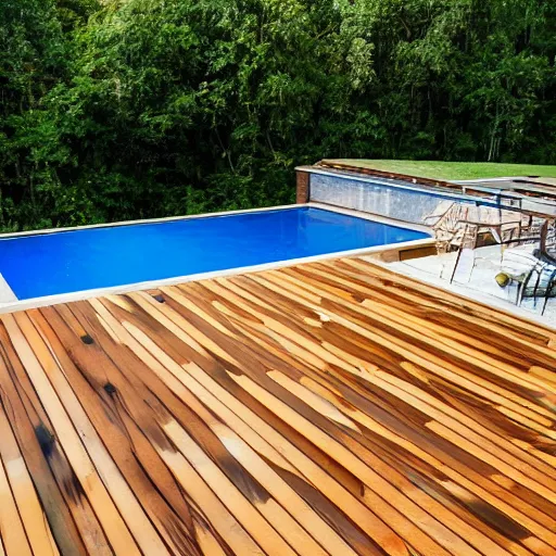 Prompt: a pool with steps showing and a wooden deck that hides half the pool