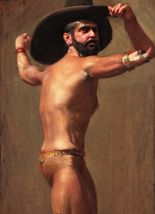 Image similar to Old west circus wrestler (rdr2). Iranian orientalist portrait by john william waterhouse and Edwin Longsden Long and Theodore Ralli and Nasreddine Dinet, oil on canvas. Cinematic, hyper realism, realistic proportions, dramatic lighting, high detail 4k