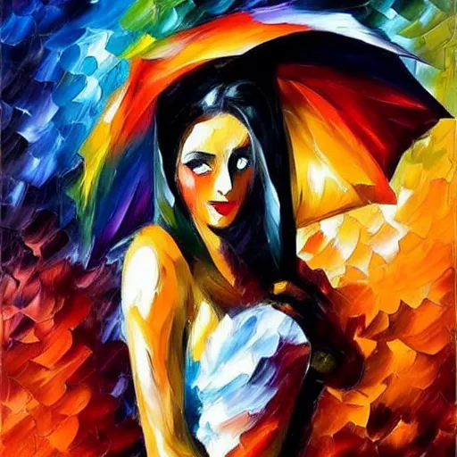 Prompt: noir woman by leonid afremov, colorful,