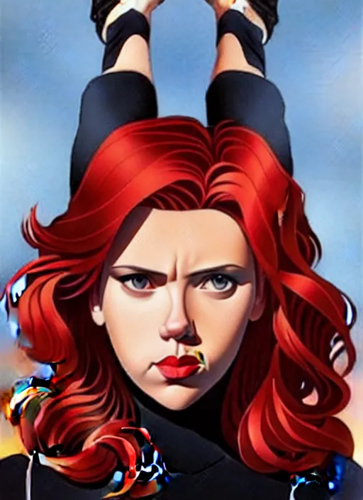 Image similar to phil noto, pretty scarlett johansson black widow, symmetrical eyes, long red hair, full body, city rooftop