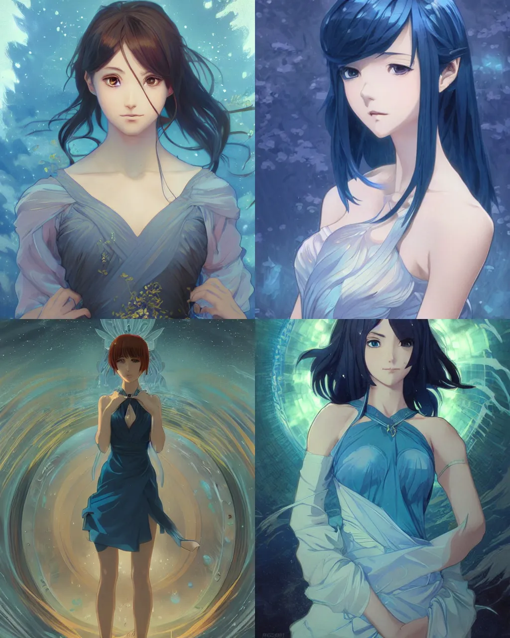 Prompt: anime portrait, intricate, elegant, aquatic blue dress, astral background, digital painting, artstation, concept art, sharp focus, art by artgerm and greg rutkowski and alphonse mucha, style of makoto shinkai