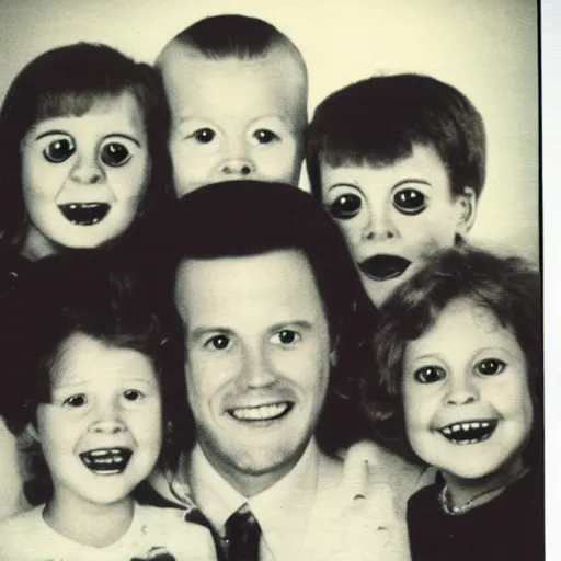 Image similar to creepy family photo, googly eyes, teeth, photo from the 80s