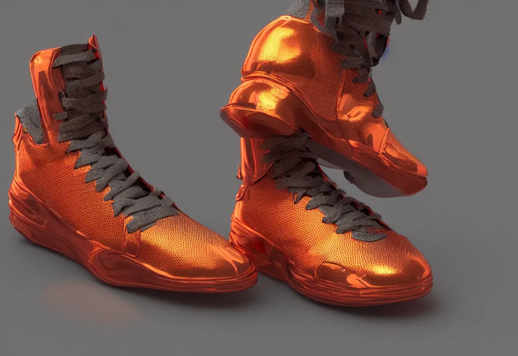 Image similar to one futuristic high - top sneaker with neon illuminated rubber soles on a grey surface, soft orange laces, clean 3 d render, beautiful studio lighting, soft, sharp focus, cyberpunk, intricate detail, gold and red filigree, soft rubber, octane render, trending on artstation, deviantart, art by iris van herpen and syd mead and android jones