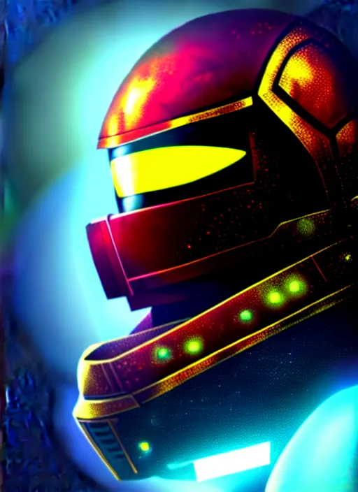 Image similar to Robot Suit, Samus Aran, Space Background, Bust, Concept Art, Helmet, Dredd, Karl Urban, Sylvester Stallone, Profile, High Detail, 2D art, Artstation, Neon lights, Sci-fi, Space suit, Luis Nieves Sr, Makoto Kano, Metroid