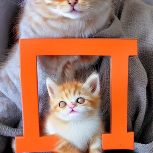 Image similar to cute fluffy orange tabby kitten with a sign that says