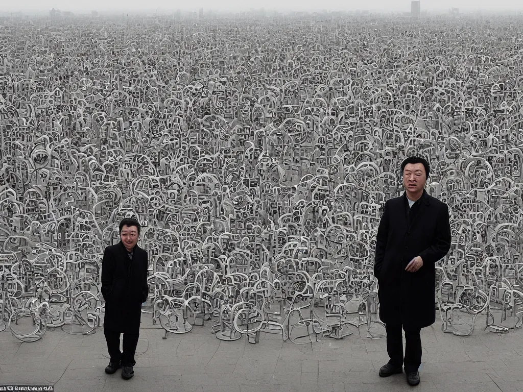 Prompt: ' the center of the world'( ai weiwei circle of animals zodiac sculptures ) was filmed in beijing in april 2 0 1 3 depicting a white collar office worker. a man in his early thirties - the first single - child - generation in china. representing a new image of an idealized urban successful booming china.
