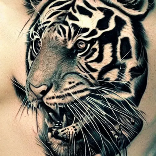 Image similar to ! dream a realistic tattoo design of a beautiful warrior woman below a tiger head, highly detailed