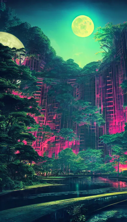 Image similar to reclaimed by nature by moon hoon, darkacademia atlantis cosmic san andreas at dawn neon signs tokyo synthwave universe, archdaily, wallpaper, highly detailed, trending on artstation.