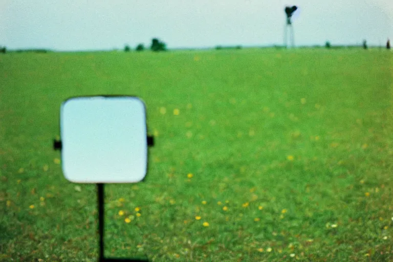 Image similar to film color photography, long view of small square mirror lies at the green lawn, no focus, 35mm