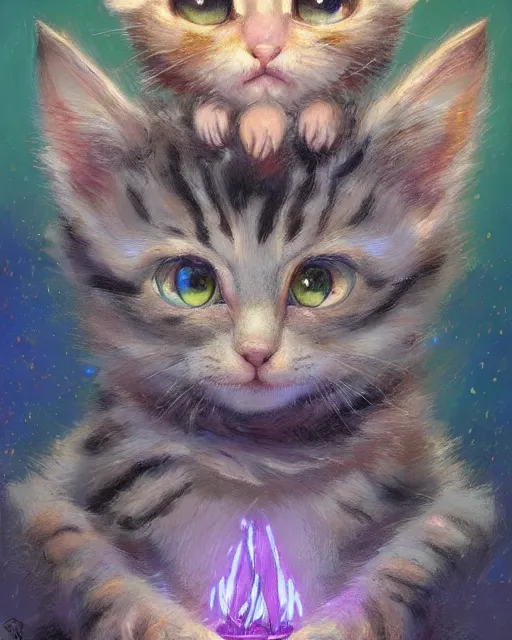 Image similar to an adorable kitten learning magic | highly detailed | very intricate | symmetrical | fantasy and whimsical and magical | soft cinematic lighting | disney pixar | award - winning | painted by donato giancola and paul lehr and ross tran | pastel color palette | featured on artstation