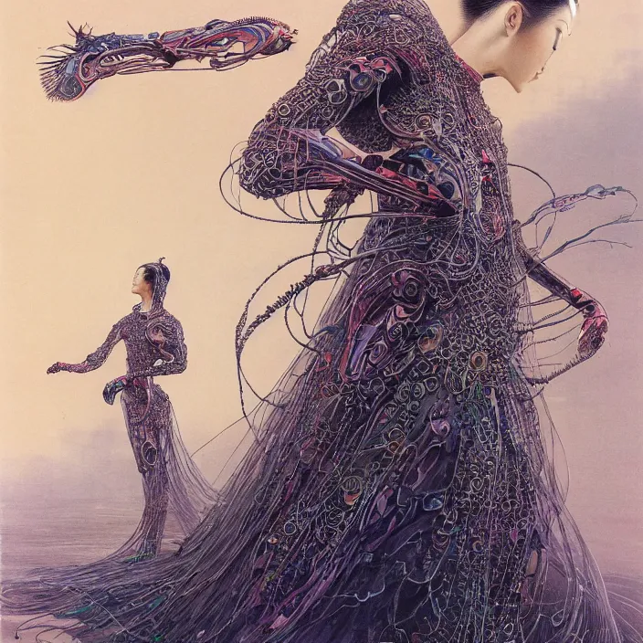 Prompt: chinese princess, full body, high fashion, futurist, aerodynamic, flowing, intricate, slick, highly detailed, digital painting, cyberpunk, concept art, smooth, sharp focus, hd, art by wayne barlowe and bruce pennington and annie leibovitz