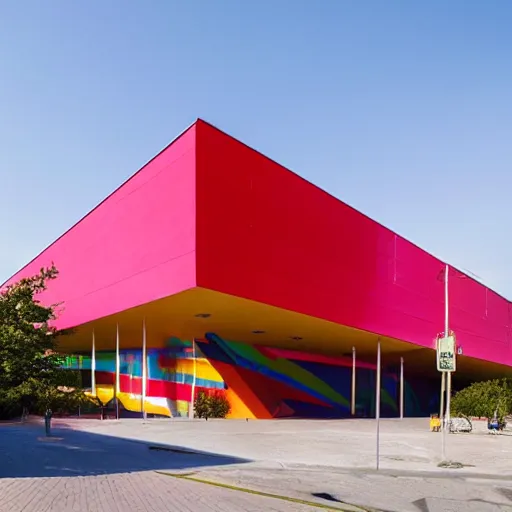 Prompt: Beautiful Photograph of a Colourful Modern-socialist Building, day-light