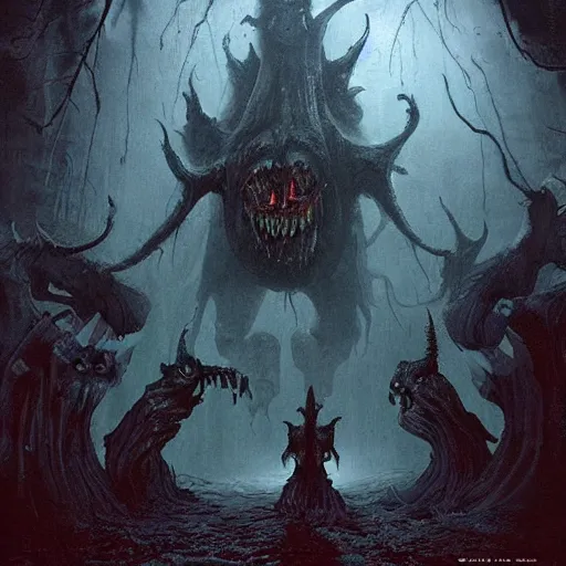 Prompt: an eerie uncanny hell with strange eerie magical scary creatures, concept art, award - winning, by guillermo del toro