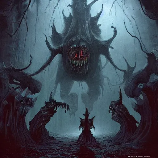 Image similar to an eerie uncanny hell with strange eerie magical scary creatures, concept art, award - winning, by guillermo del toro