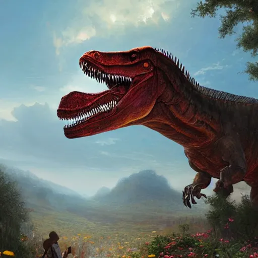 Prompt: Beautiful digital painting of monumental dinosaur made of flowers by Greg Rutkowski and James Gurney, trending on Artstation, deviantart, ultra detail