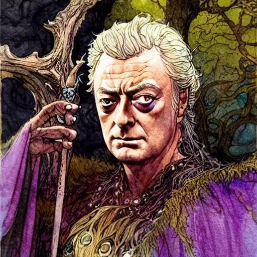 Image similar to a realistic and atmospheric watercolour fantasy character concept art portrait of michael caine as a druidic warrior wizard looking at the camera with an intelligent gaze by rebecca guay, michael kaluta, charles vess and jean moebius giraud