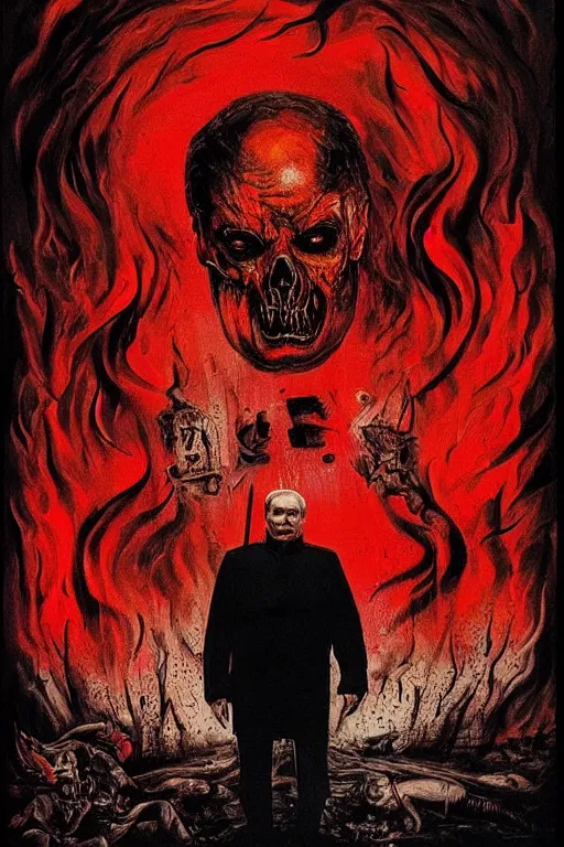 Image similar to lukashenka went to hell, art in the style of a poster for horror films in a cinema, detailed art in color