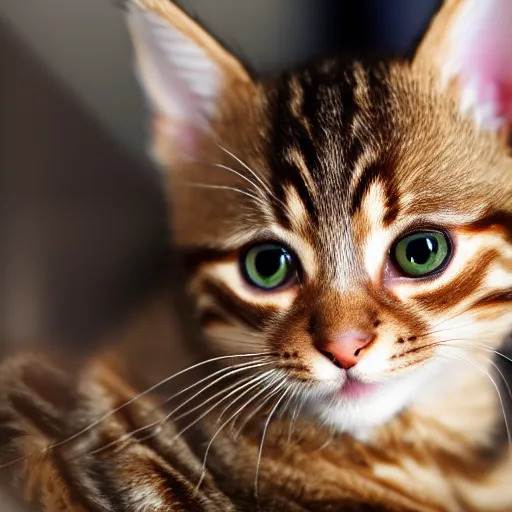 Prompt: A Close up photograph of a Cute brown tabby kitten, 8k, UltraHD
