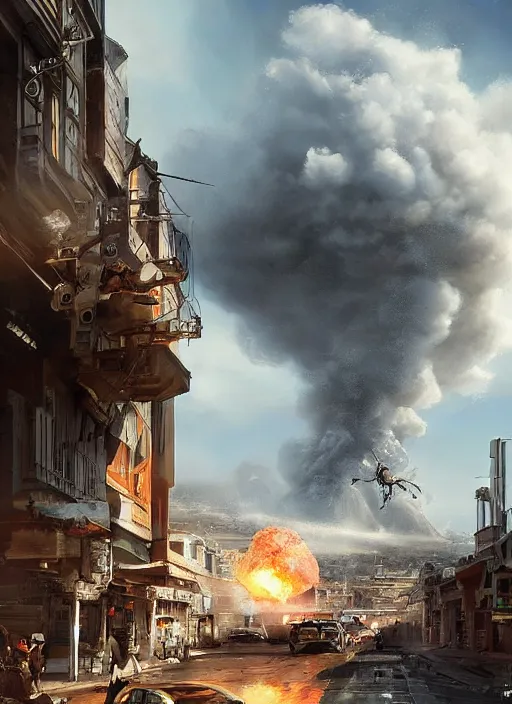 Image similar to hyper realistic squid robot attacking cape town city, table mountain explosions, atmospheric beautiful details, strong composition drawn in ink by kim jung giu weta studio rutkowski, james gurney and greg rutkowski, and lucasfilm