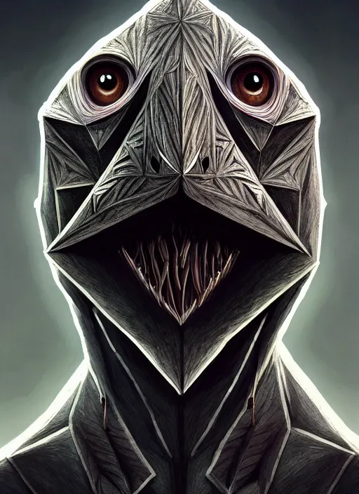 Prompt: anthropomorphic triangle head in edgy darkiron bat mr. bean, intricate, elegant, highly detailed animal monster, digital painting, artstation, concept art, smooth, sharp focus, illustration, art by artgerm, wayne barlowe, trending on artstation and greg rutkowski and alphonse mucha, 8 k