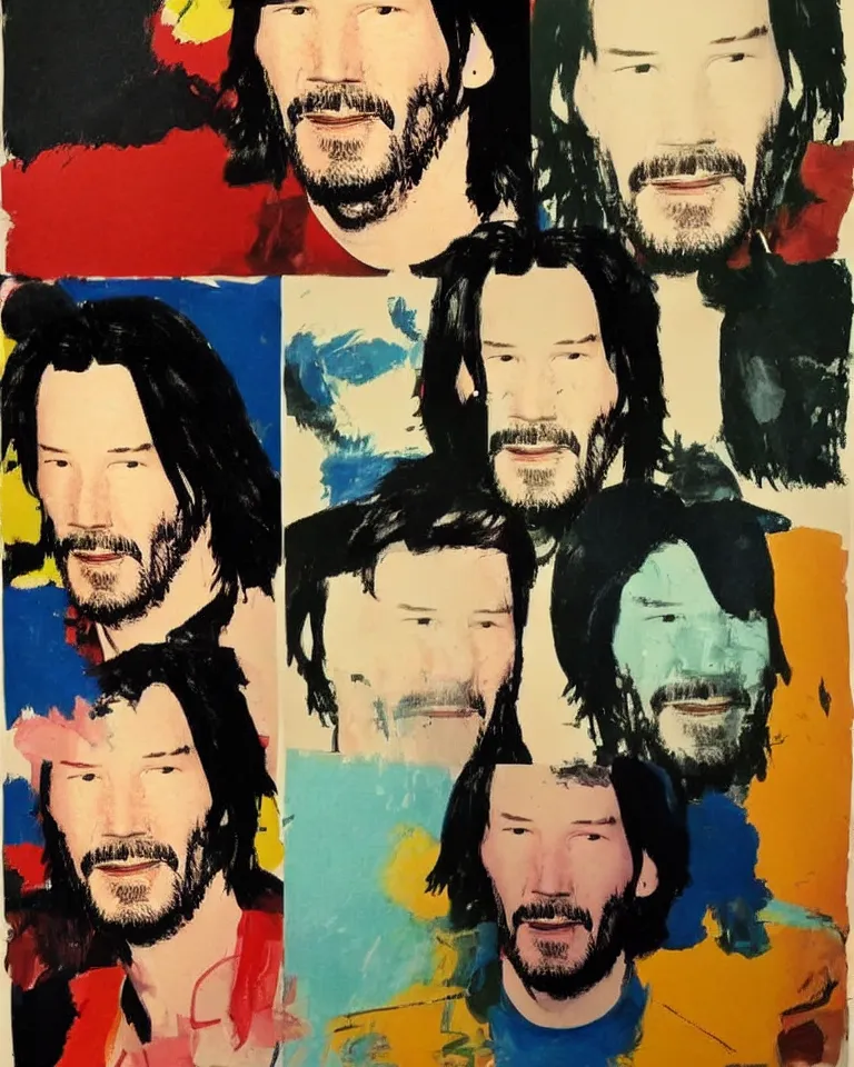 Image similar to keanu reeves caricature, painted by andy warhol