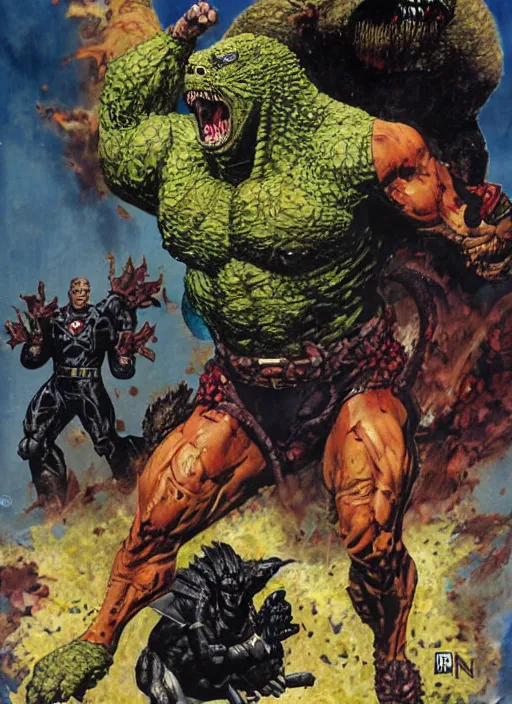 Image similar to full body and head single character portrait of martyn ford and godzilla hybrid as marvel mutant, dynamic action, painted by norman rockwell and phil hale and greg staples and tom lovell and frank schoonover and jack kirby